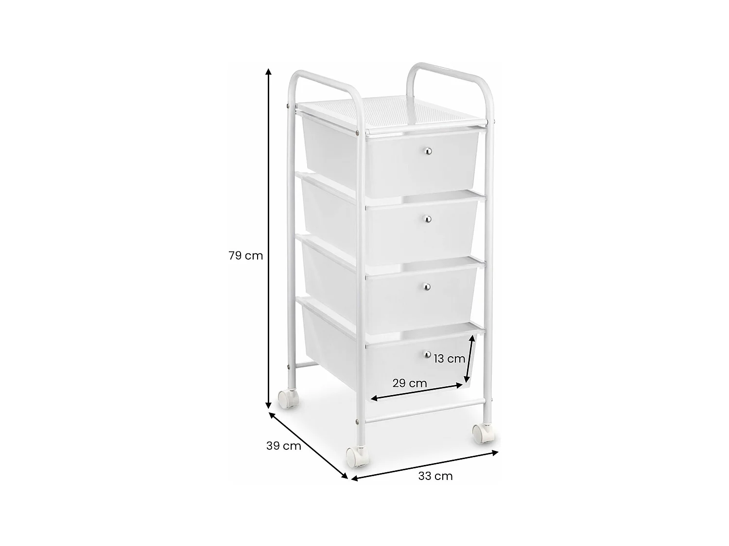 Caisson sur roulettes GINA chariot avec 4 tiroirs en plastique blanc transparent et 1 étagère, rangement salle de bain métal blanc