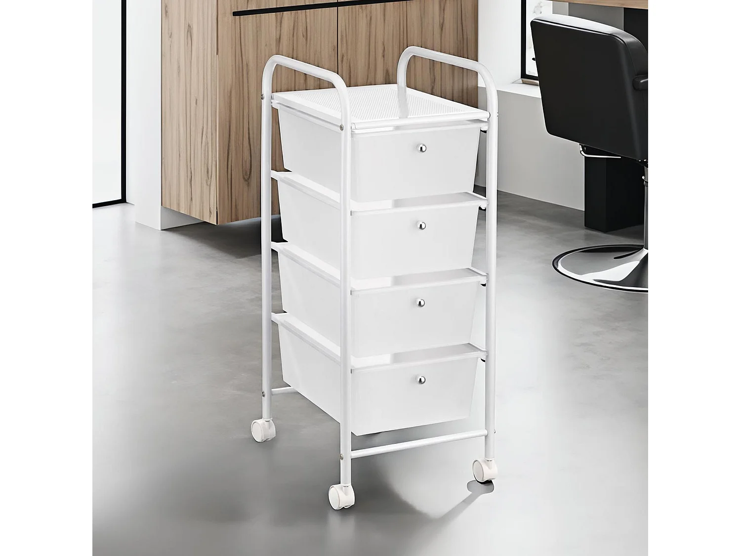 Caisson sur roulettes GINA chariot avec 4 tiroirs en plastique blanc transparent et 1 étagère, rangement salle de bain métal blanc