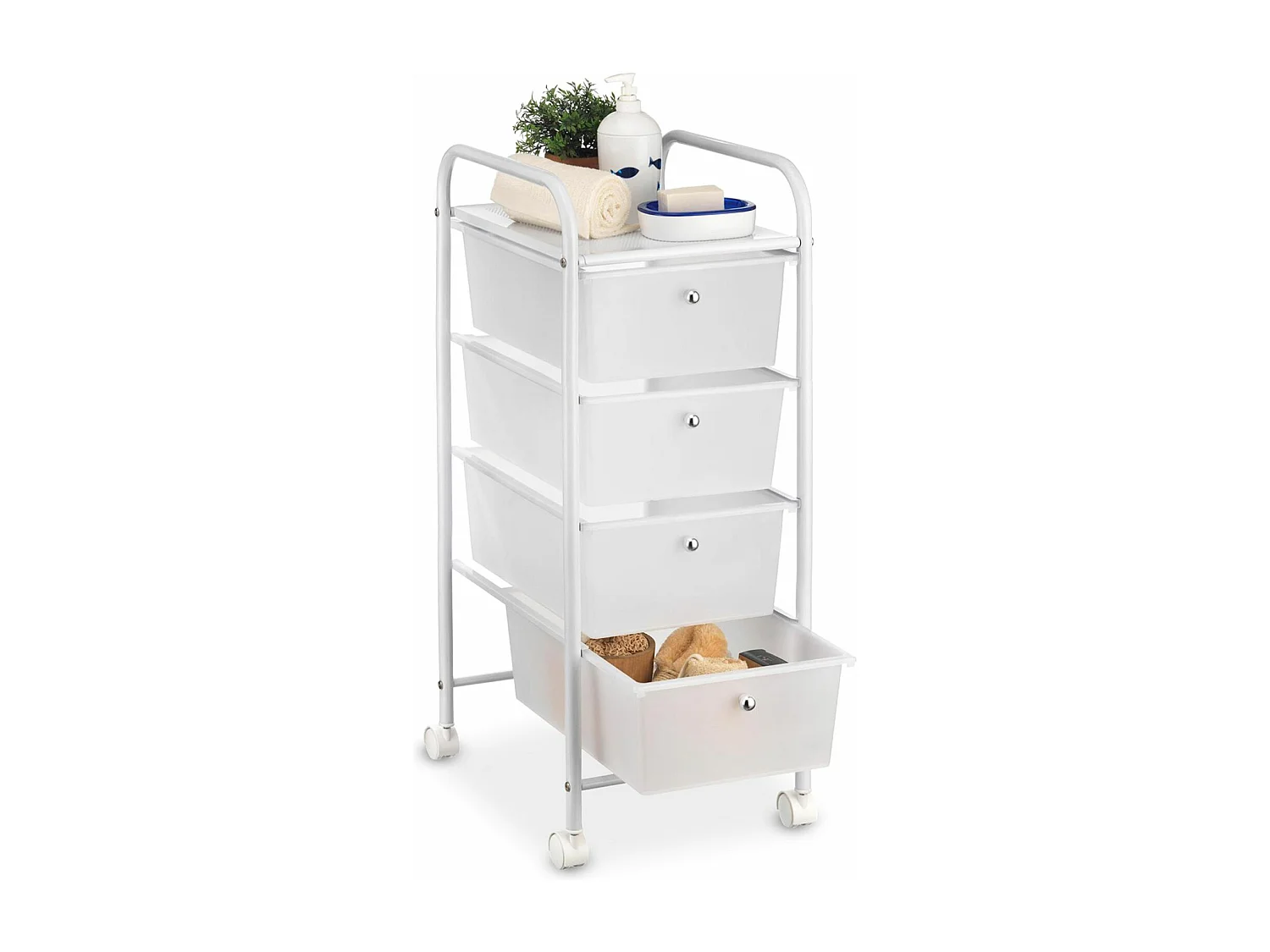 Caisson sur roulettes GINA chariot avec 4 tiroirs en plastique blanc transparent et 1 étagère, rangement salle de bain métal blanc