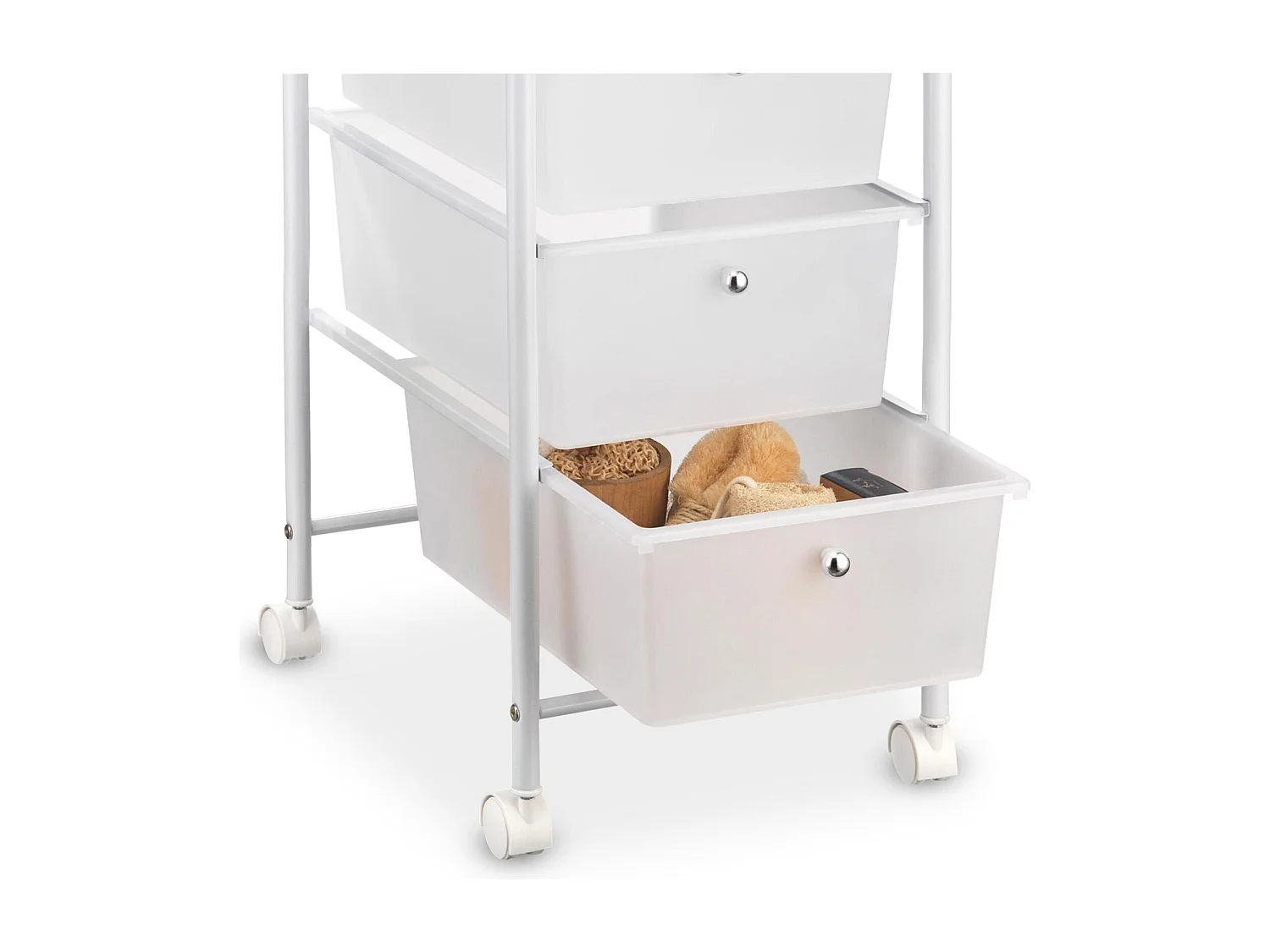 Caisson sur roulettes GINA chariot avec 4 tiroirs en plastique blanc transparent et 1 étagère, rangement salle de bain métal blanc