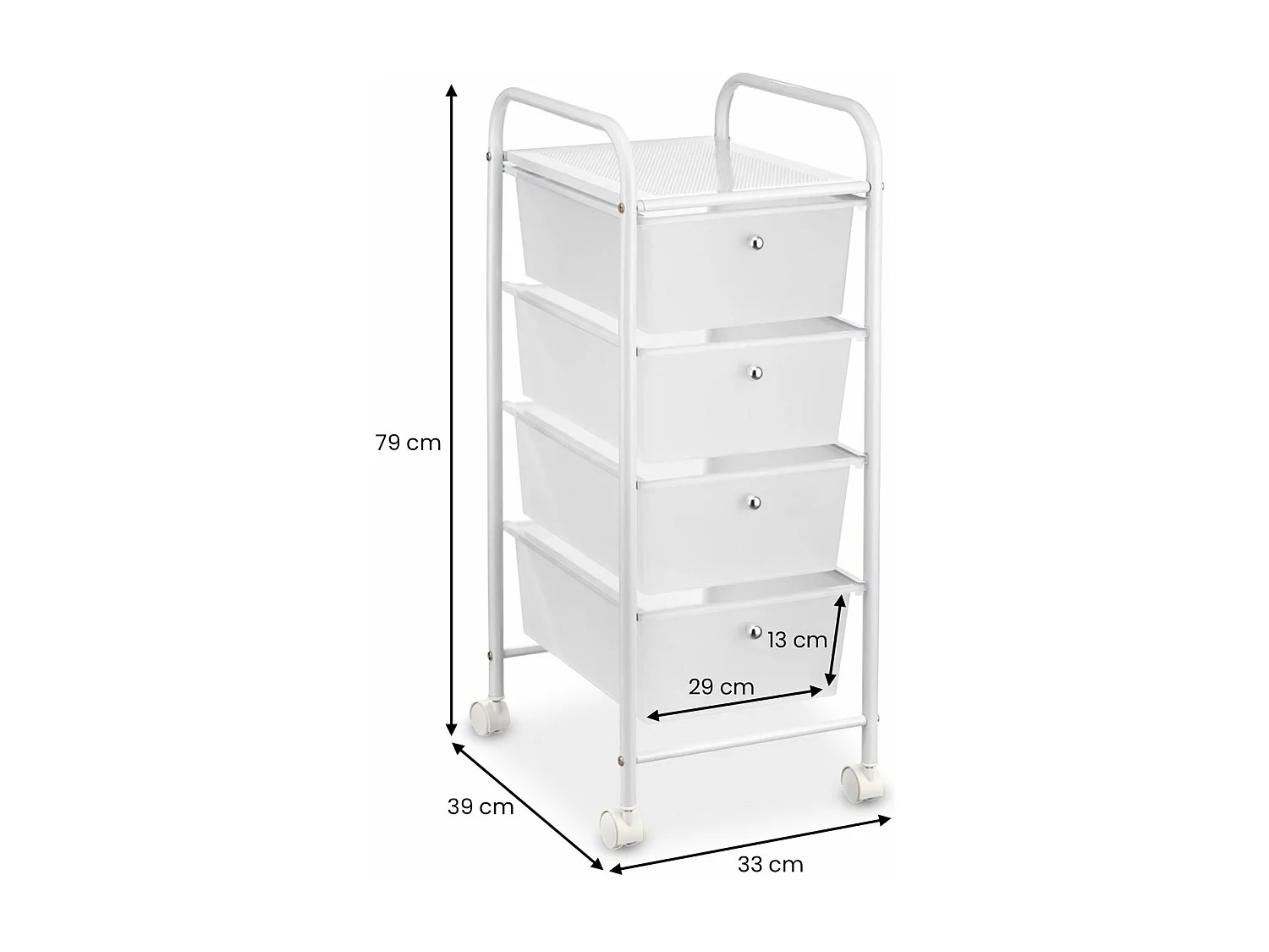 Caisson sur roulettes GINA chariot avec 4 tiroirs en plastique blanc transparent et 1 étagère, rangement salle de bain métal blanc
