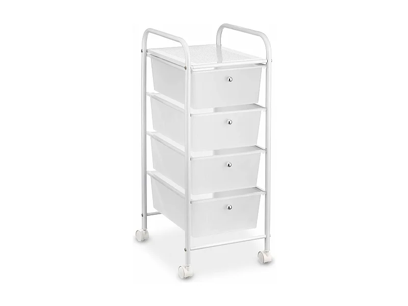 Caisson sur roulettes GINA chariot avec 4 tiroirs en plastique blanc transparent et 1 étagère, rangement salle de bain métal blanc