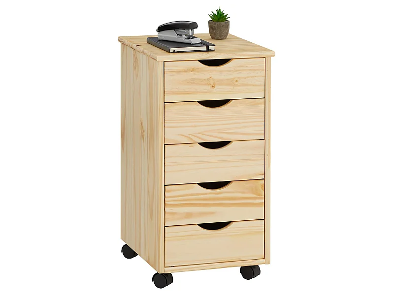Caisson de bureau LAGOS meuble de rangement sur roulettes avec 5 tiroirs, en pin massif finition vernis naturel