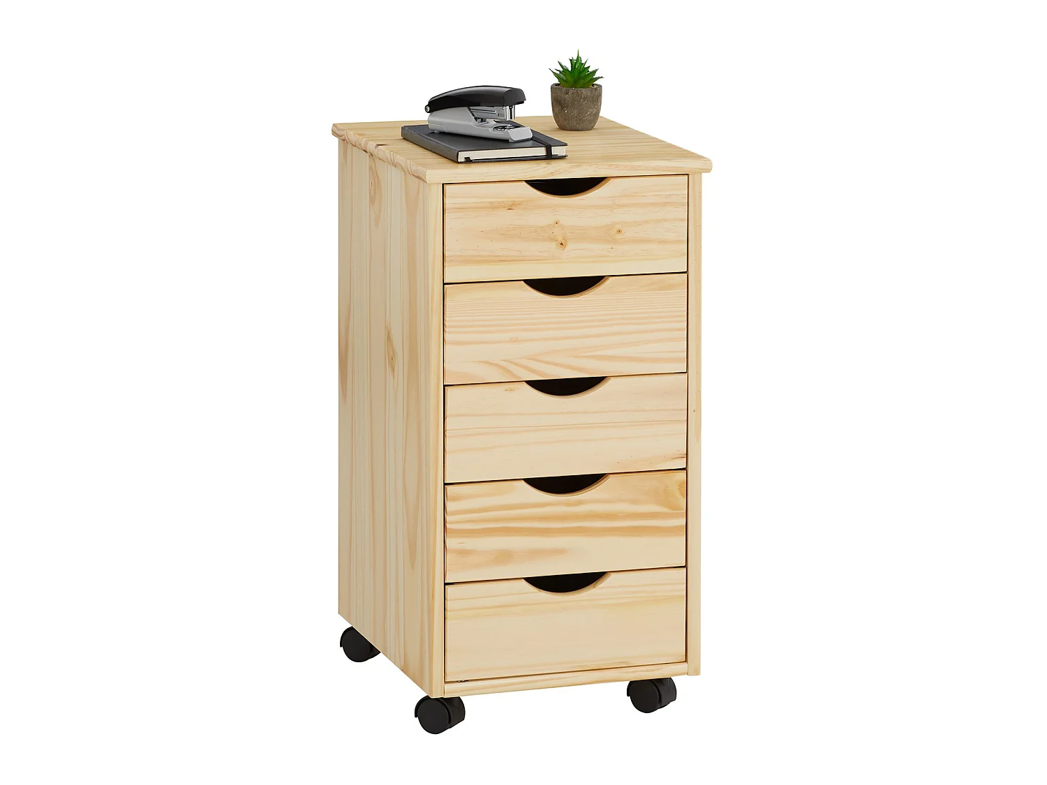 Caisson de bureau LAGOS meuble de rangement sur roulettes avec 5 tiroirs, en pin massif finition vernis naturel