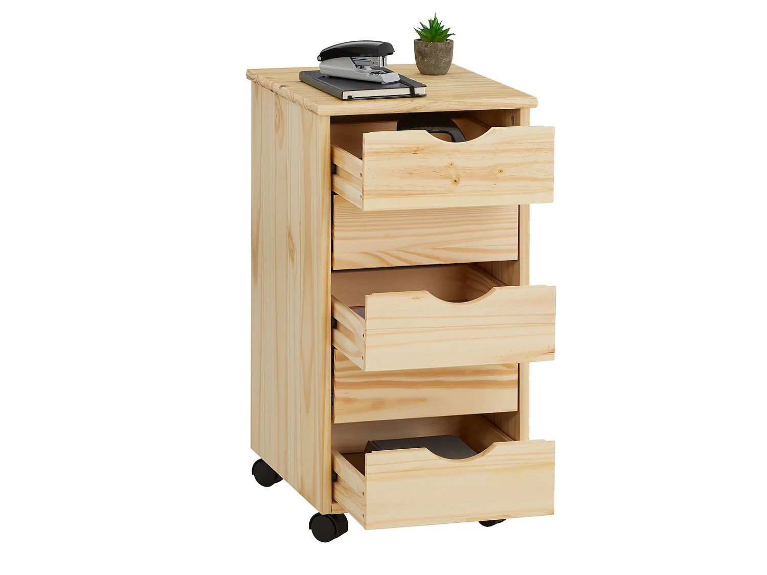 Caisson de bureau LAGOS meuble de rangement sur roulettes avec 5 tiroirs, en pin massif finition vernis naturel
