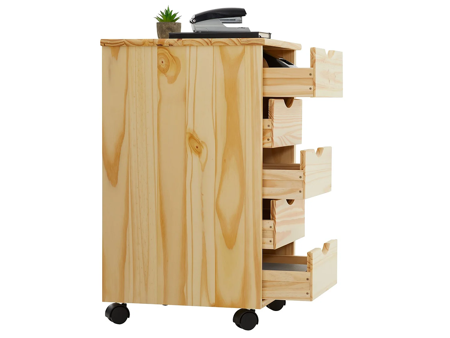 Caisson de bureau LAGOS meuble de rangement sur roulettes avec 5 tiroirs, en pin massif finition vernis naturel