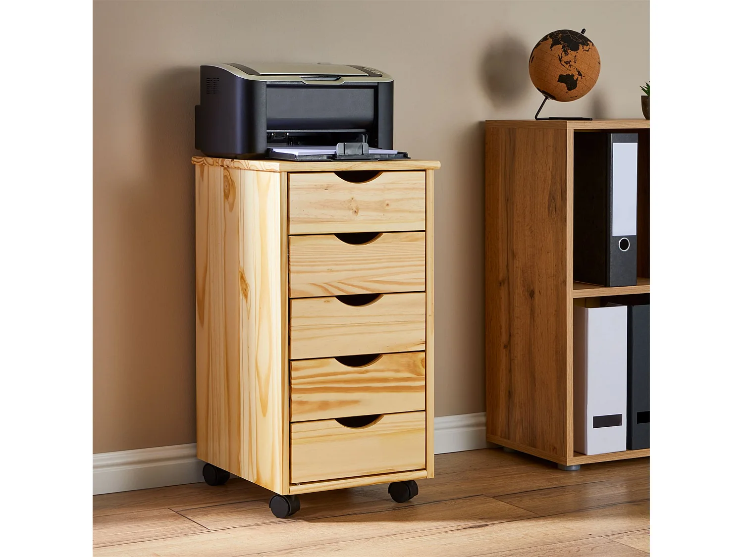 Caisson de bureau LAGOS meuble de rangement sur roulettes avec 5 tiroirs, en pin massif finition vernis naturel