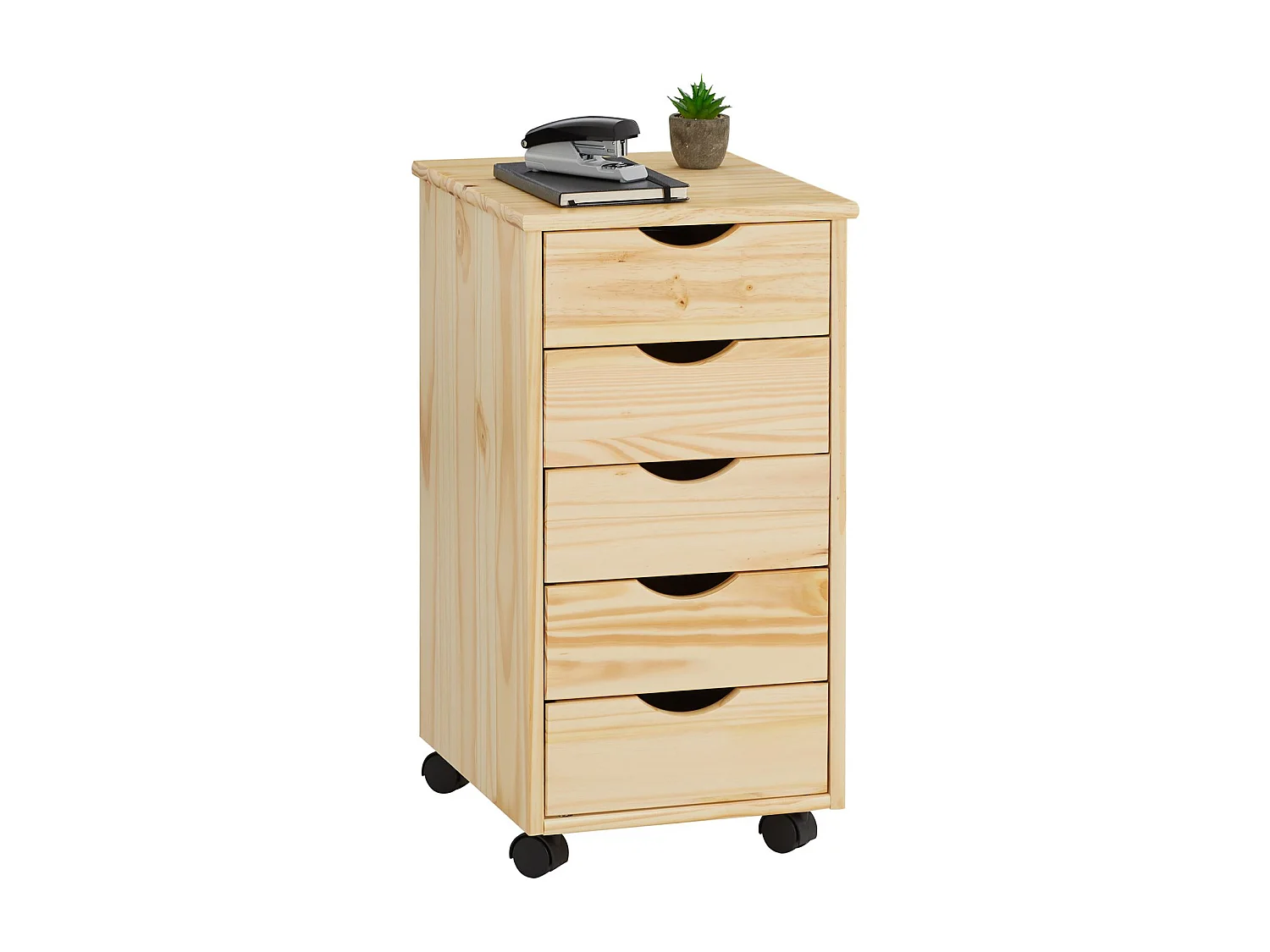 Caisson de bureau LAGOS meuble de rangement sur roulettes avec 5 tiroirs, en pin massif finition vernis naturel