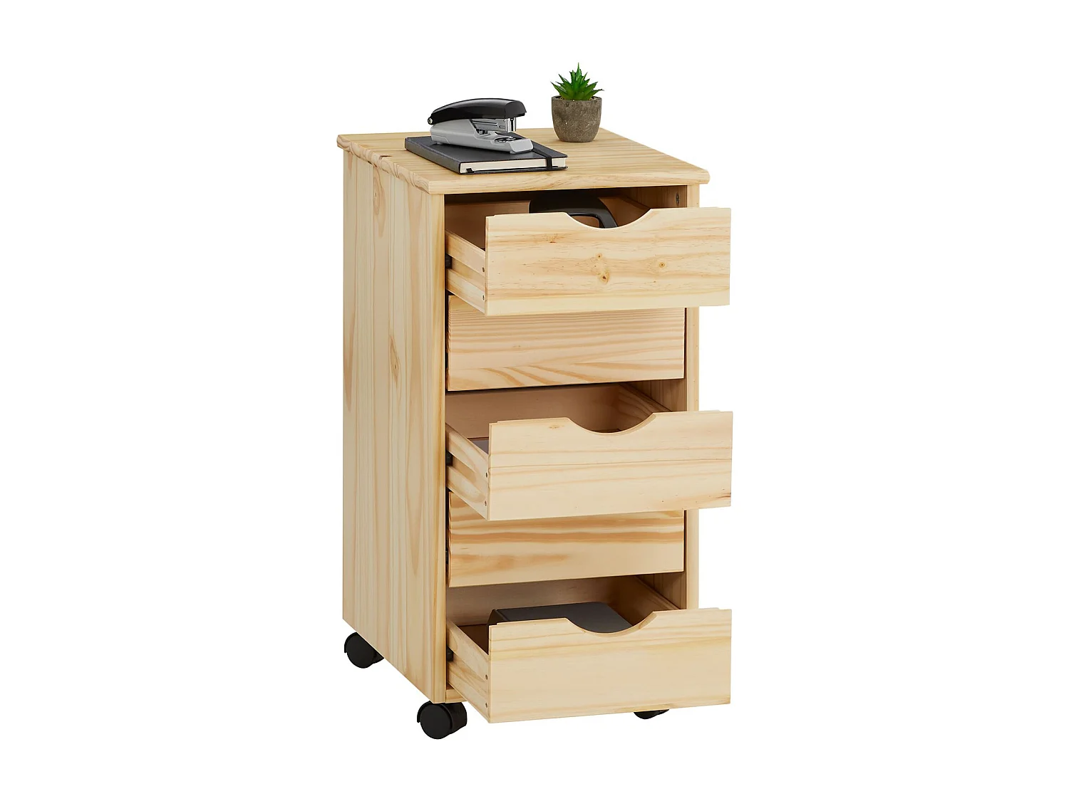 Caisson de bureau LAGOS meuble de rangement sur roulettes avec 5 tiroirs, en pin massif finition vernis naturel