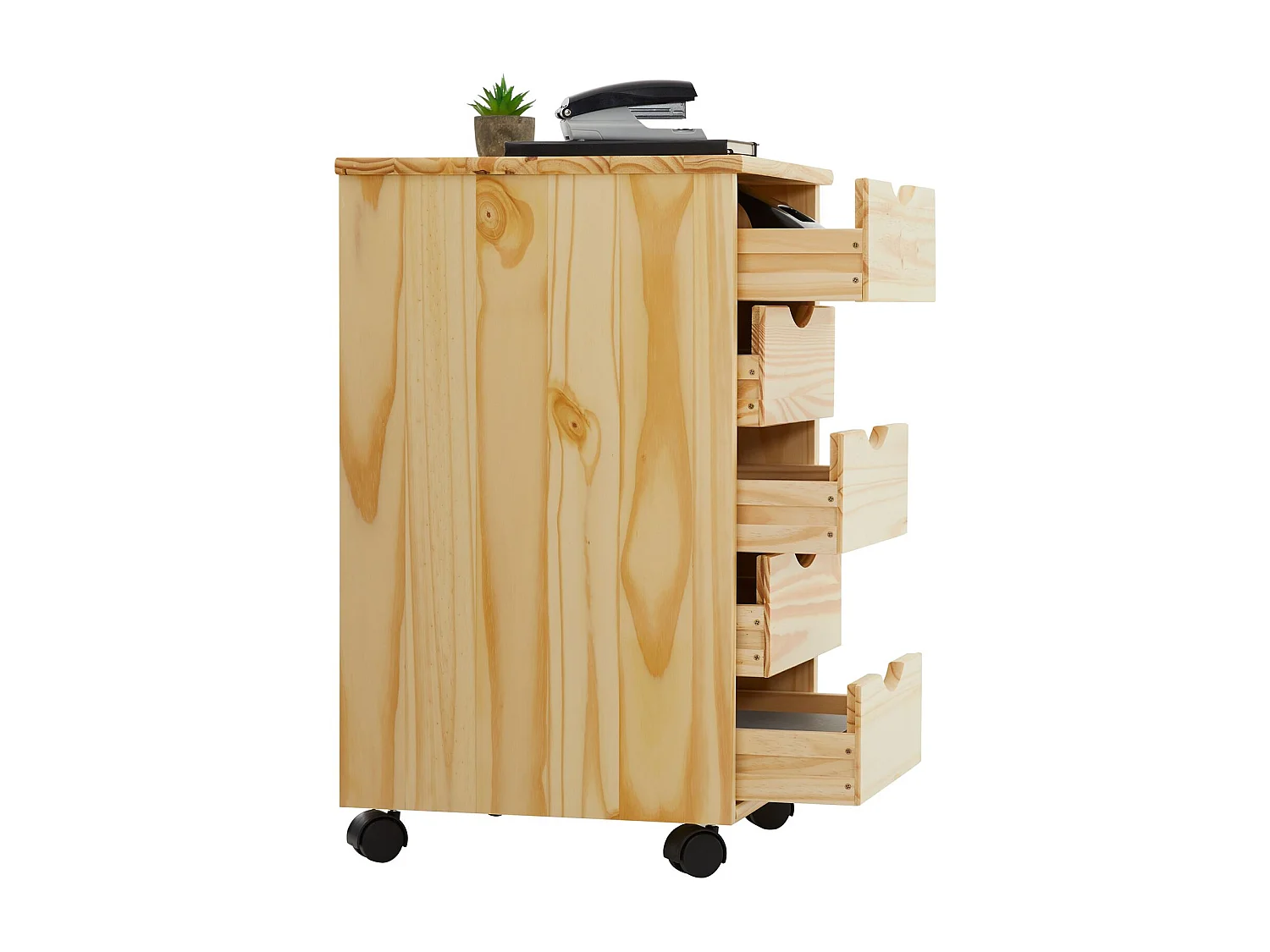 Caisson de bureau LAGOS meuble de rangement sur roulettes avec 5 tiroirs, en pin massif finition vernis naturel