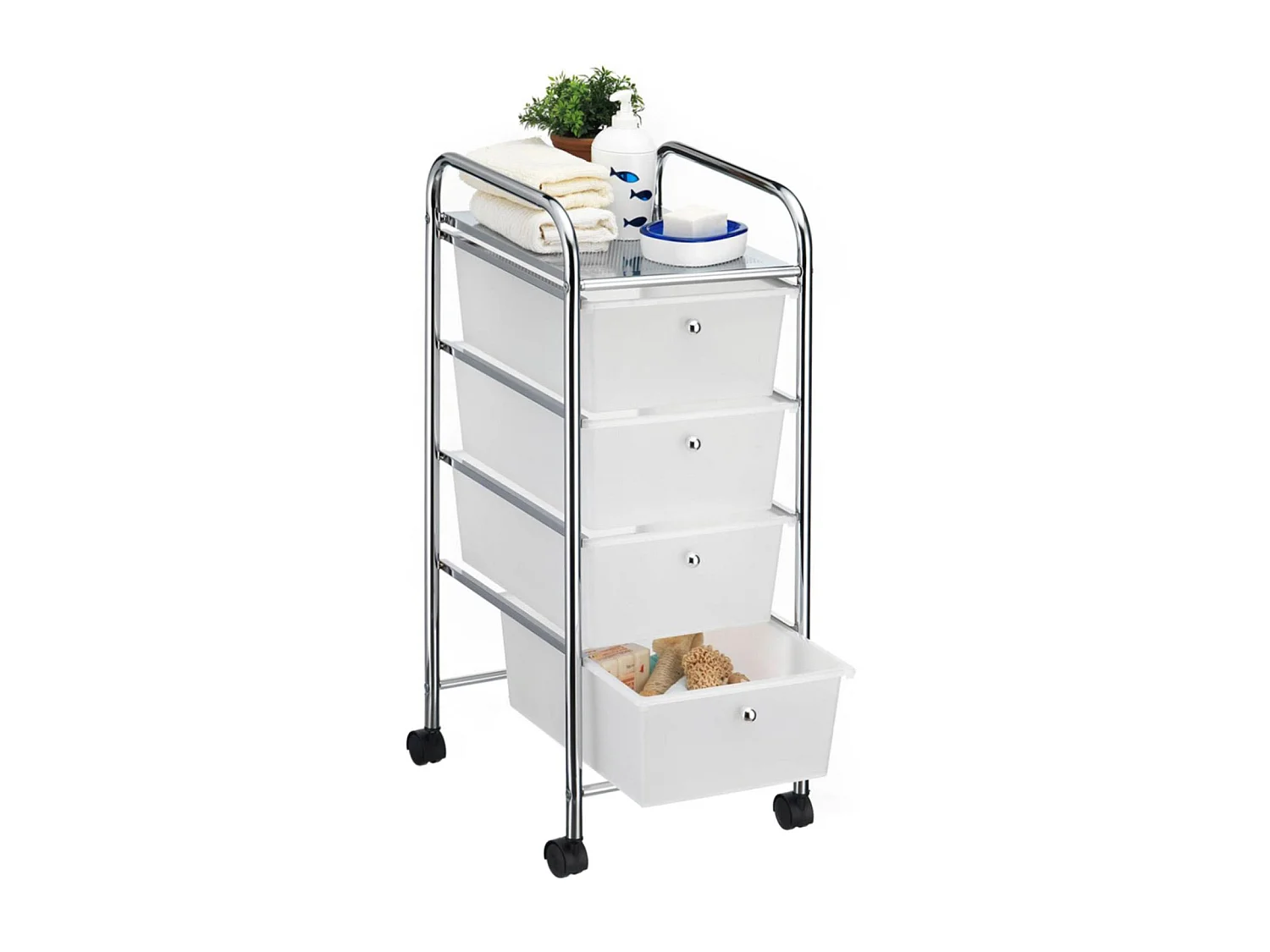 Caisson sur roulettes SANO chariot avec 4 tiroirs en plastique blanc transparent et 1 étagère, rangement salle de bain métal chromé