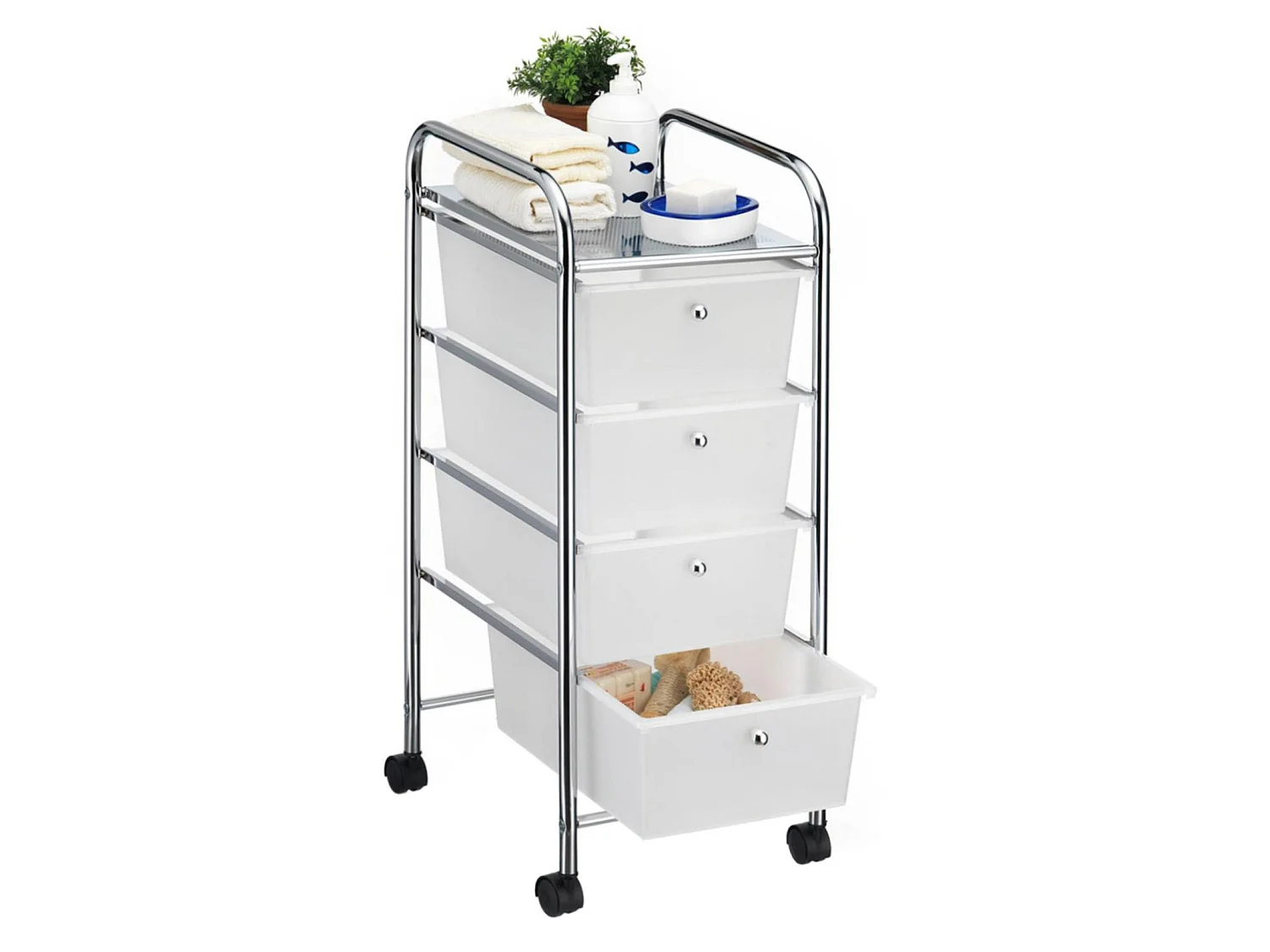 Caisson sur roulettes SANO chariot avec 4 tiroirs en plastique blanc transparent et 1 étagère, rangement salle de bain métal chromé