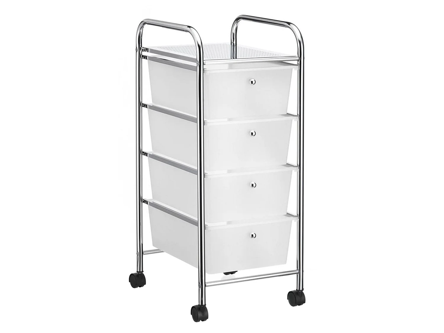 Caisson sur roulettes SANO chariot avec 4 tiroirs en plastique blanc transparent et 1 étagère, rangement salle de bain métal chromé
