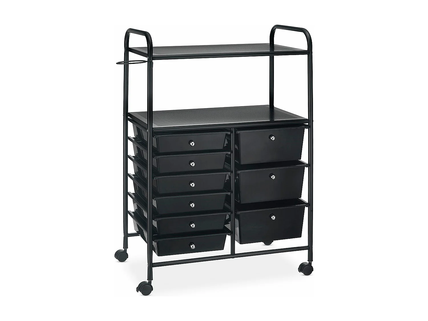 Caisson sur roulettes MARITA chariot 9 tiroirs en plastique noir et 2 étagères, rangement salle de bain en métal laqué noir