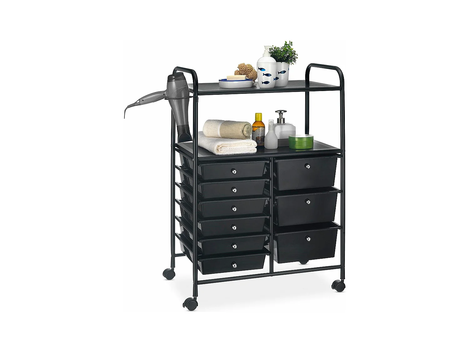 Caisson sur roulettes MARITA chariot 9 tiroirs en plastique noir et 2 étagères, rangement salle de bain en métal laqué noir
