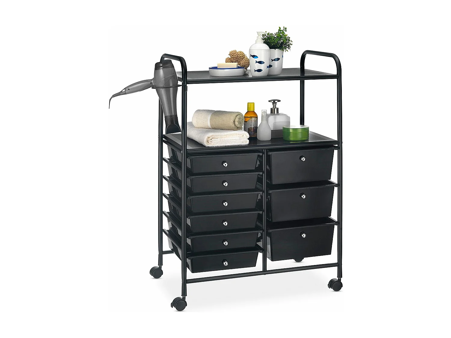 Caisson sur roulettes MARITA chariot 9 tiroirs en plastique noir et 2 étagères, rangement salle de bain en métal laqué noir