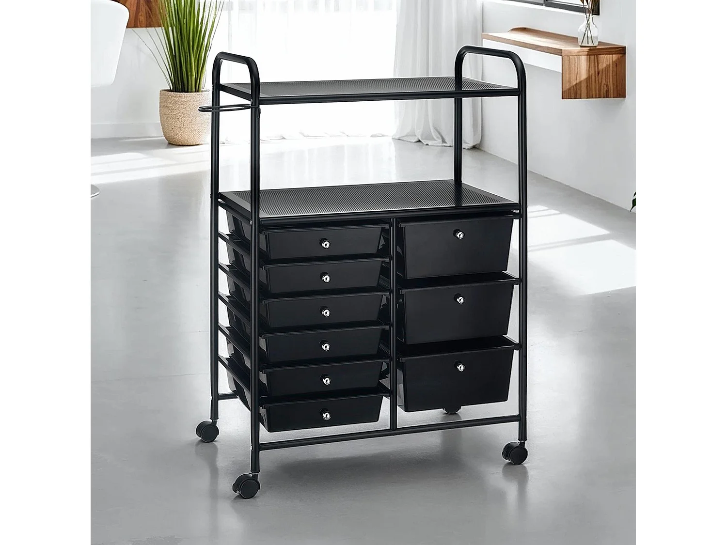 Caisson sur roulettes MARITA chariot 9 tiroirs en plastique noir et 2 étagères, rangement salle de bain en métal laqué noir