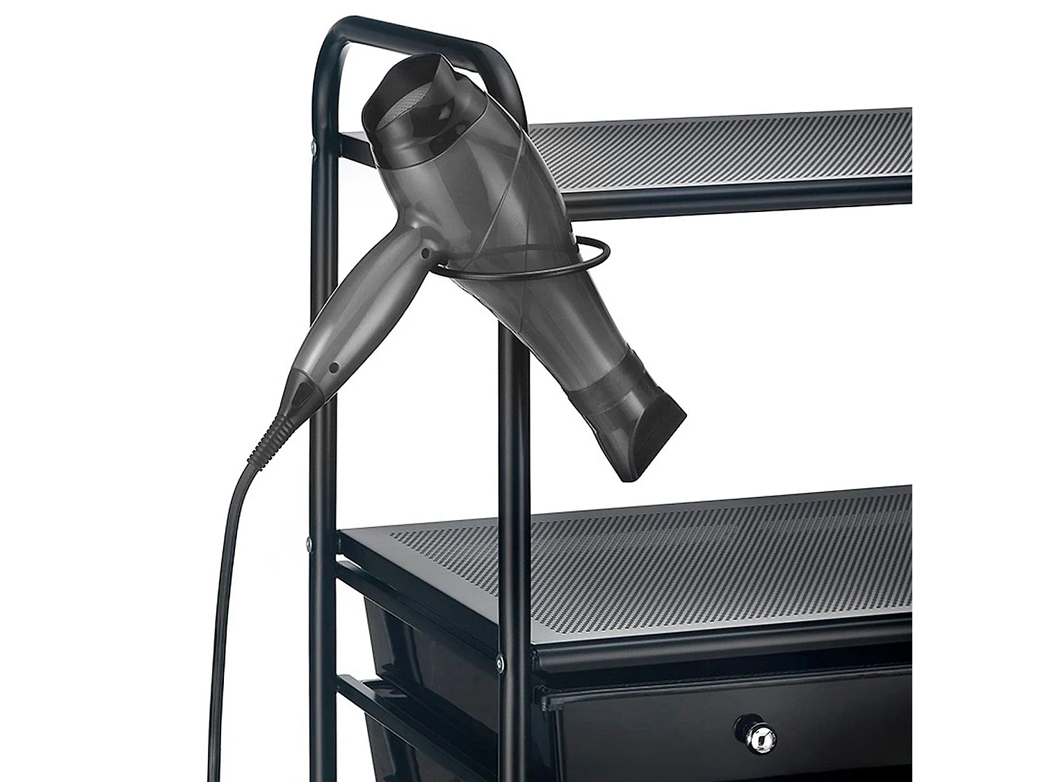 Caisson sur roulettes MARITA chariot 9 tiroirs en plastique noir et 2 étagères, rangement salle de bain en métal laqué noir