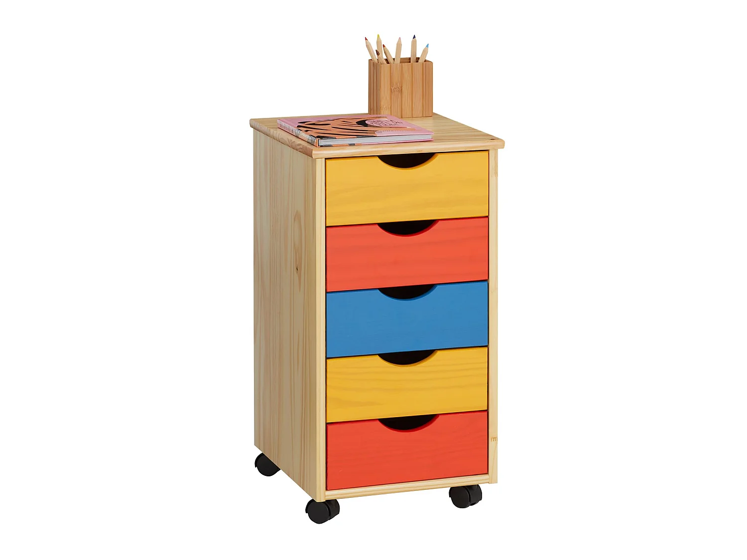 Caisson de bureau LAGOS meuble de rangement sur roulettes avec 5 tiroirs, en pin massif lasuré multicolore jaune rose et bleu