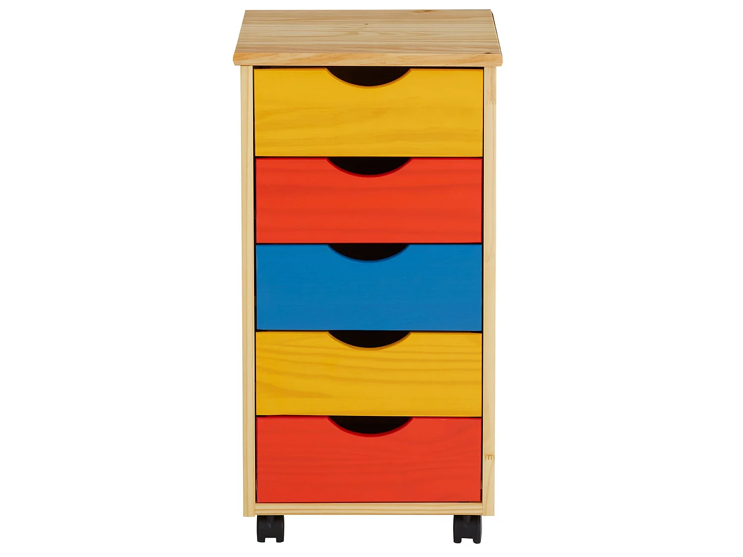 Caisson de bureau LAGOS meuble de rangement sur roulettes avec 5 tiroirs, en pin massif lasuré multicolore jaune rose et bleu