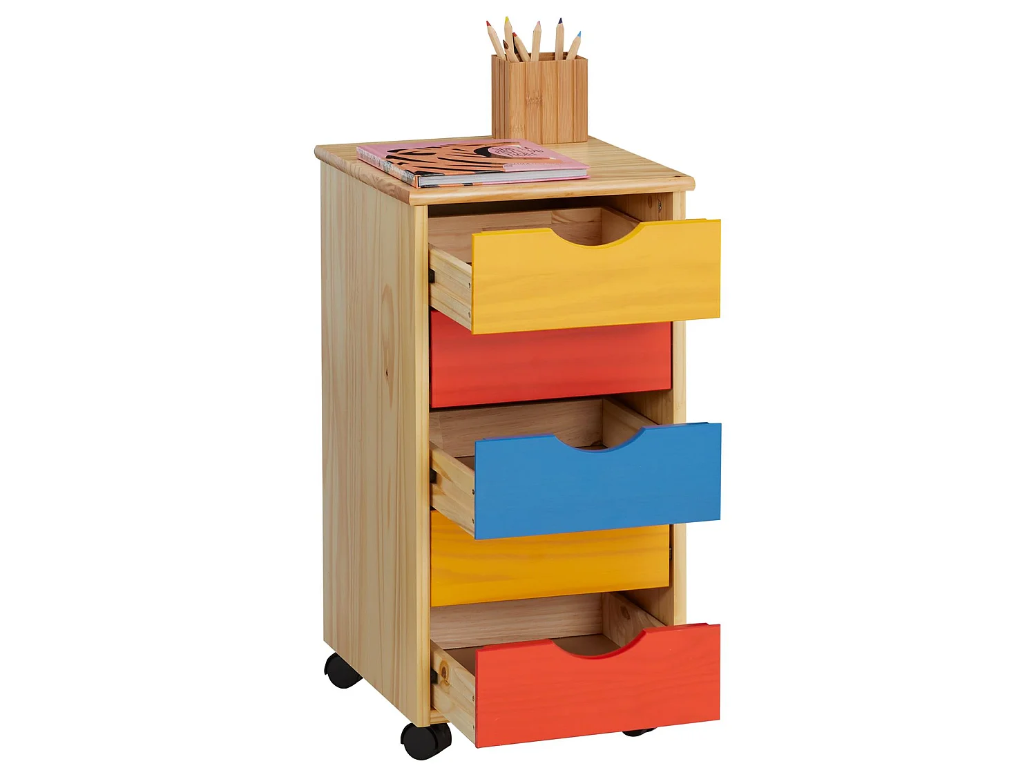 Caisson de bureau LAGOS meuble de rangement sur roulettes avec 5 tiroirs, en pin massif lasuré multicolore jaune rose et bleu