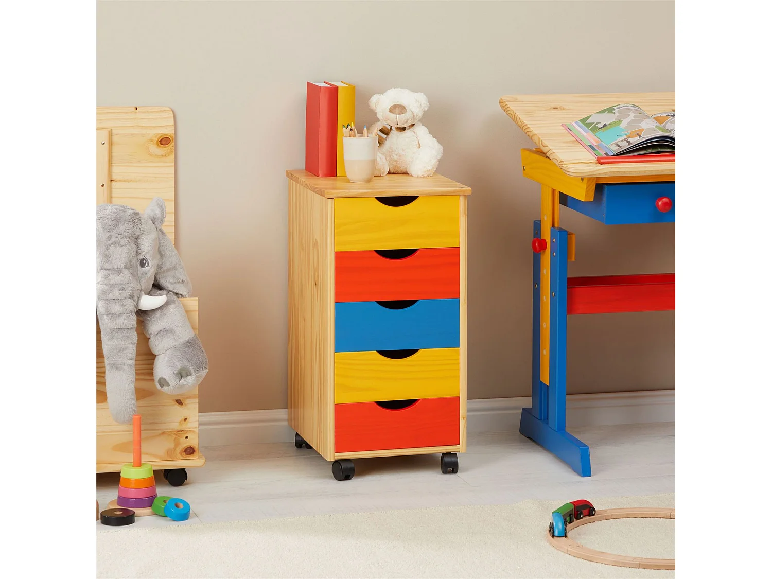 Caisson de bureau LAGOS meuble de rangement sur roulettes avec 5 tiroirs, en pin massif lasuré multicolore jaune rose et bleu