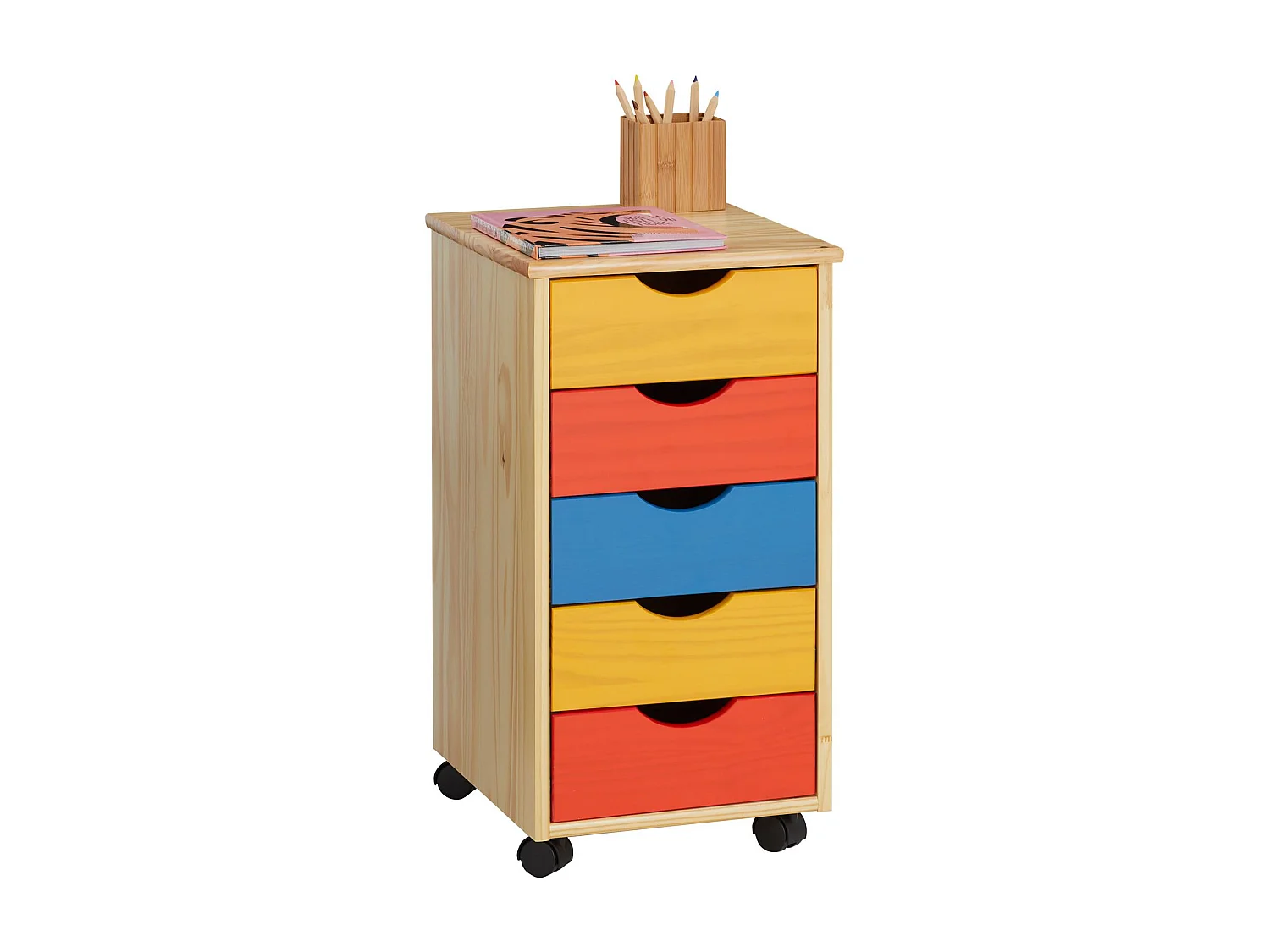 Caisson de bureau LAGOS meuble de rangement sur roulettes avec 5 tiroirs, en pin massif lasuré multicolore jaune rose et bleu
