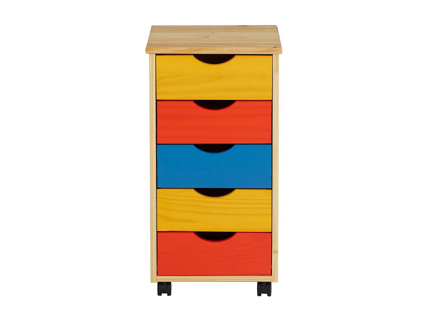Caisson de bureau LAGOS meuble de rangement sur roulettes avec 5 tiroirs, en pin massif lasuré multicolore jaune rose et bleu