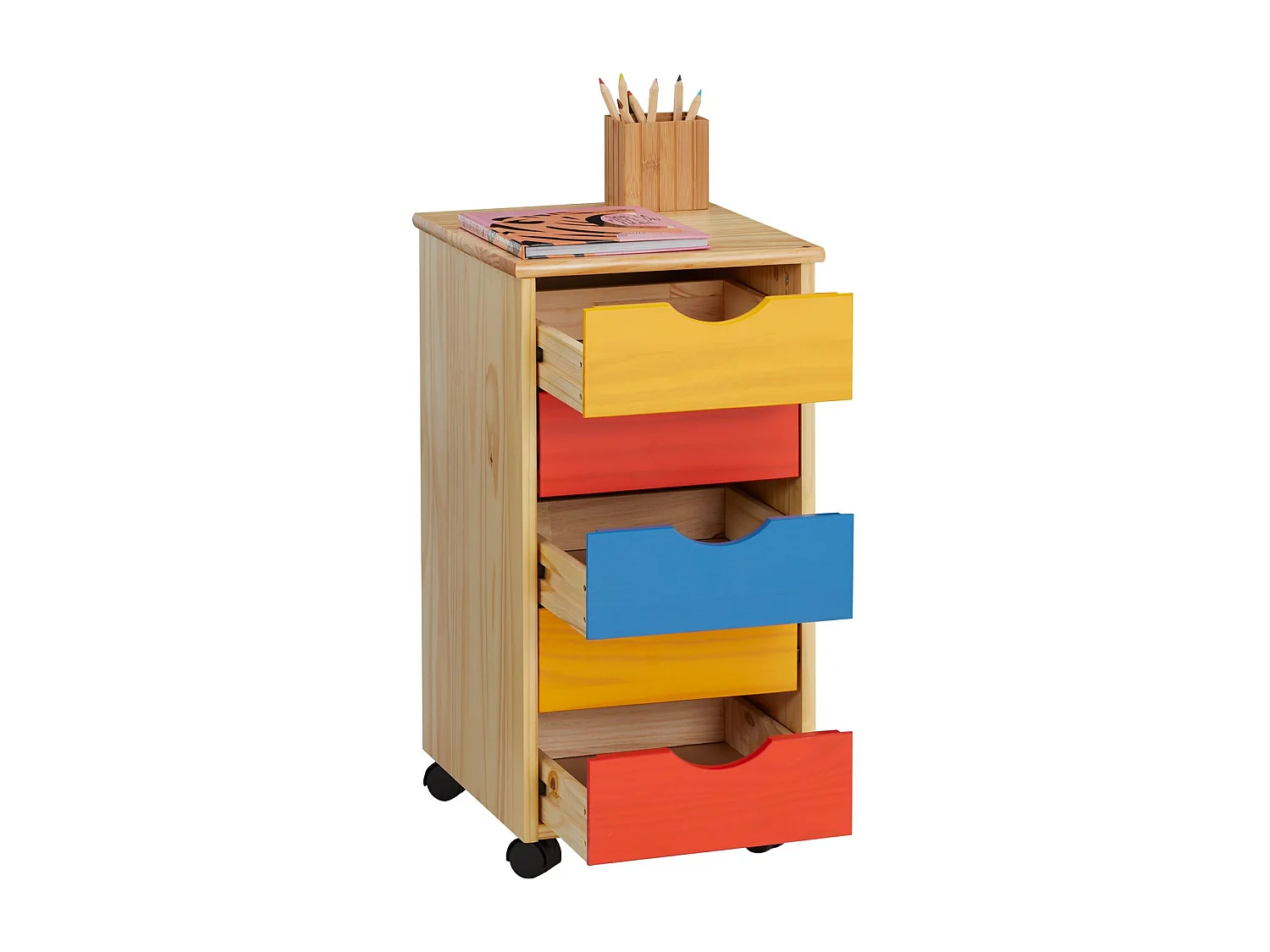 Caisson de bureau LAGOS meuble de rangement sur roulettes avec 5 tiroirs, en pin massif lasuré multicolore jaune rose et bleu