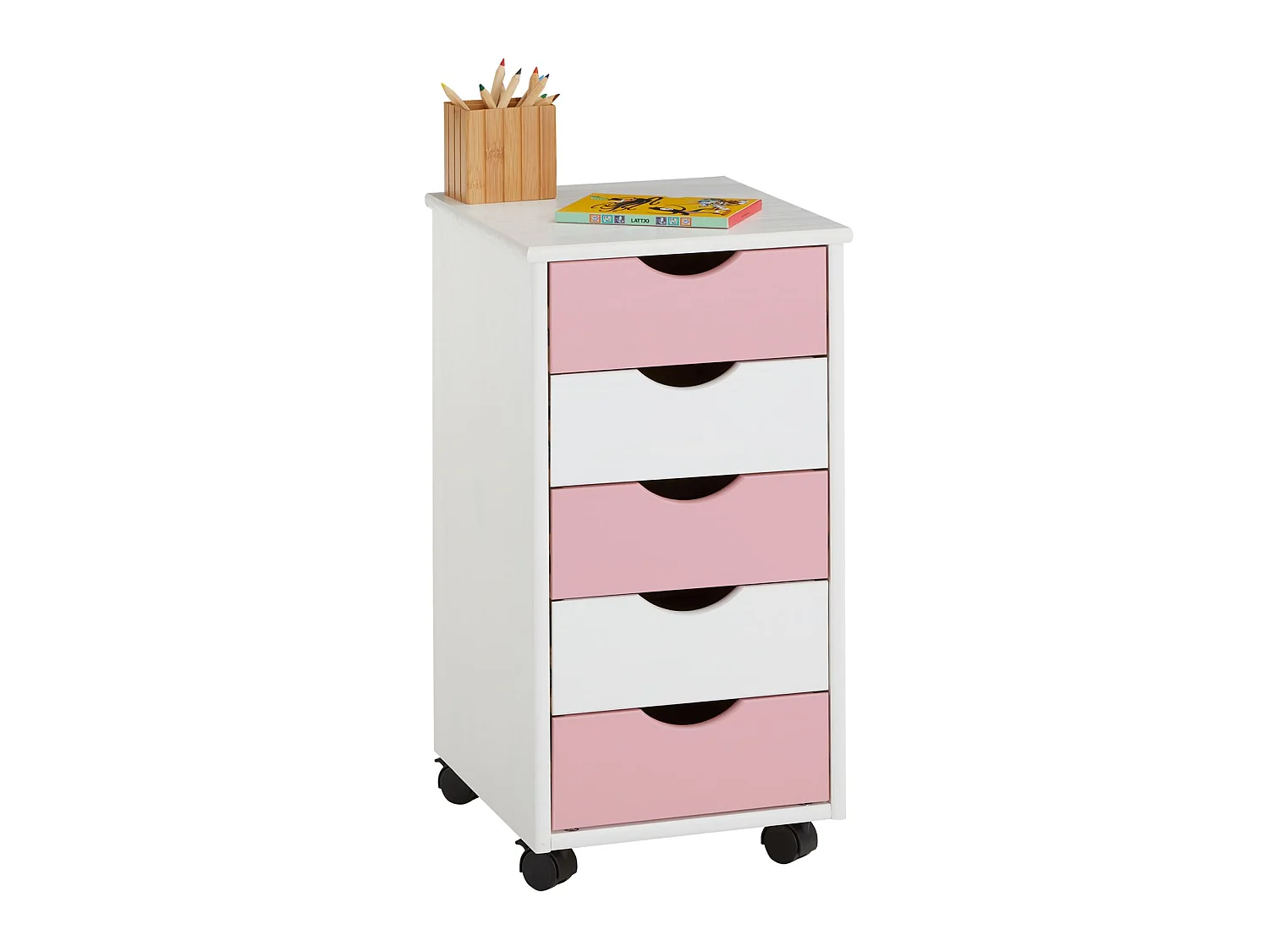 Caisson de bureau LAGOS meuble de rangement sur roulettes avec 5 tiroirs, en pin massif lasuré blanc et rose