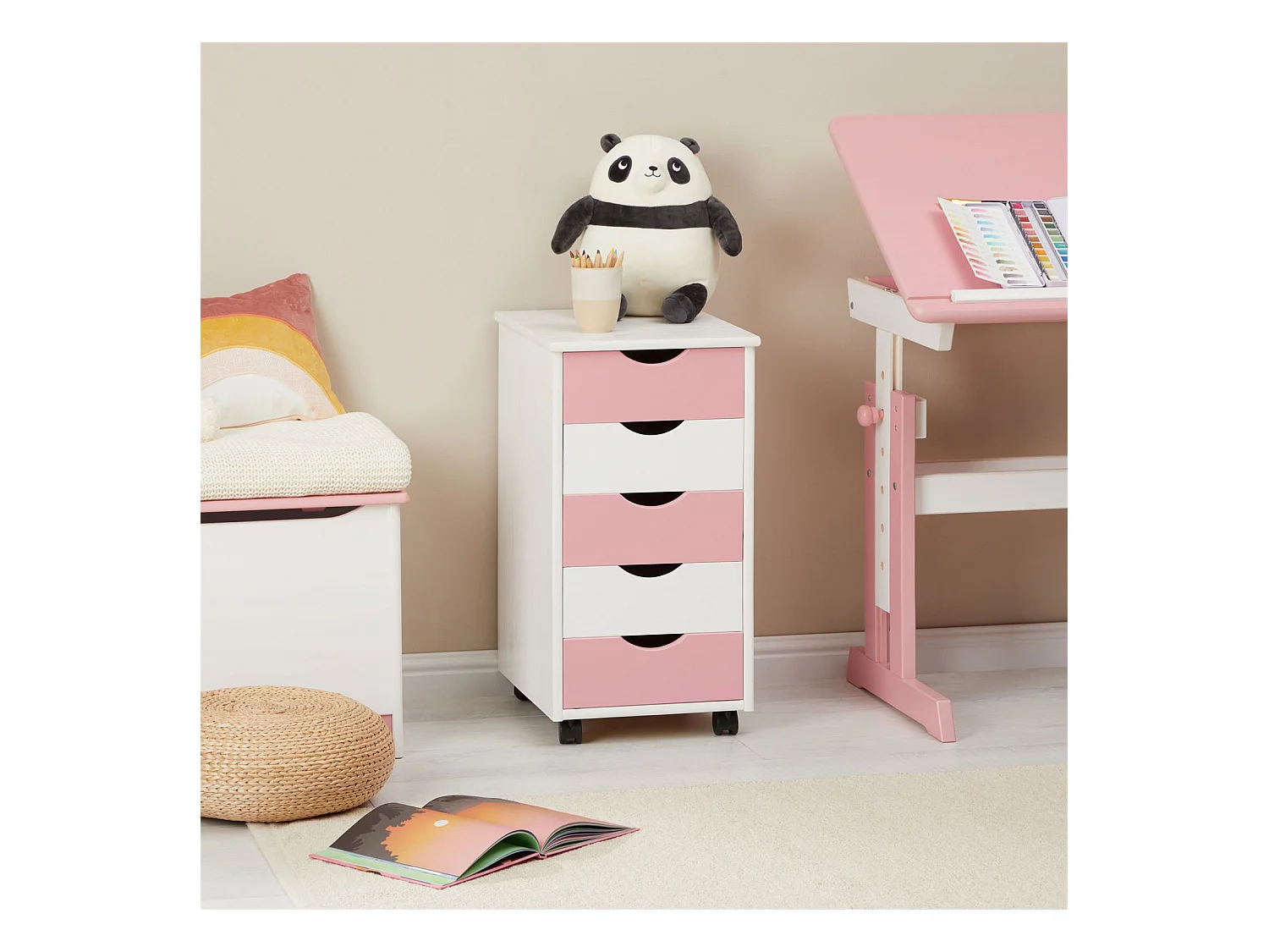 Caisson de bureau LAGOS meuble de rangement sur roulettes avec 5 tiroirs, en pin massif lasuré blanc et rose