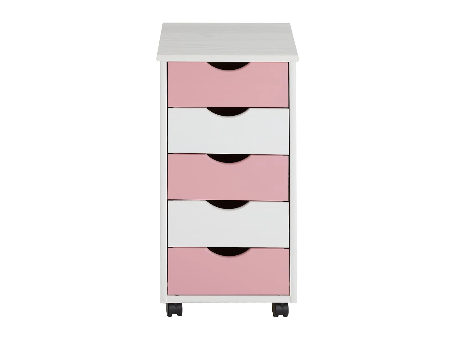 Caisson de bureau LAGOS meuble de rangement sur roulettes avec 5 tiroirs, en pin massif lasuré blanc et rose