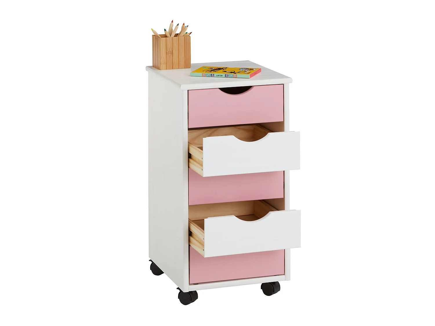 Caisson de bureau LAGOS meuble de rangement sur roulettes avec 5 tiroirs, en pin massif lasuré blanc et rose