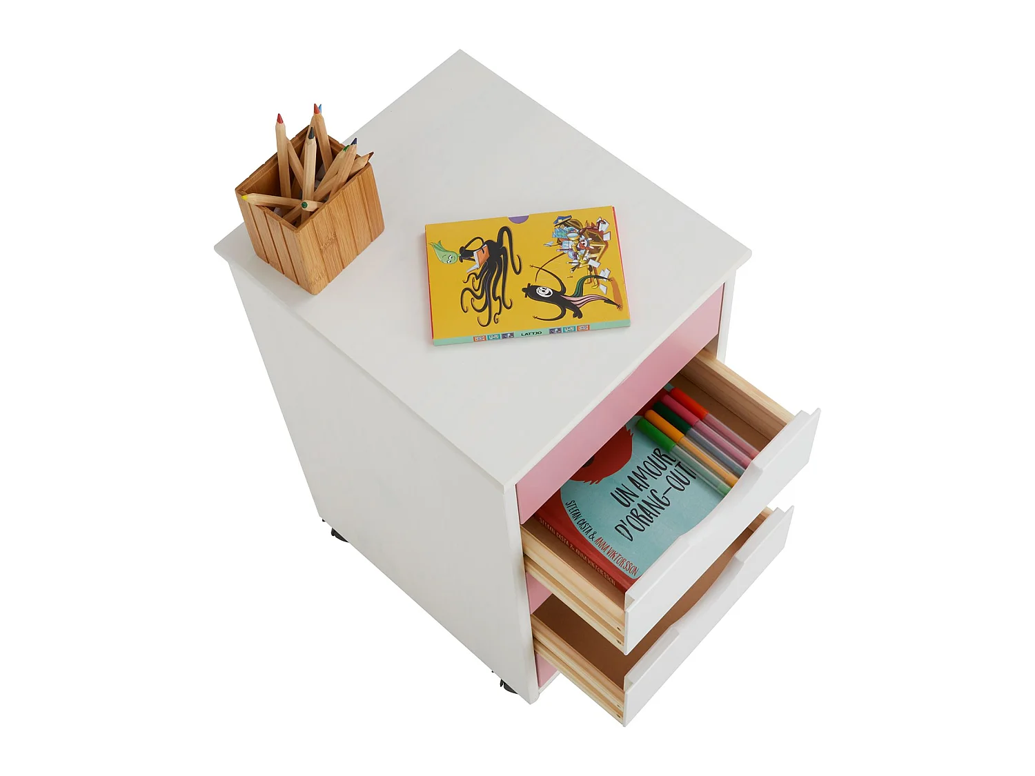 Caisson de bureau LAGOS meuble de rangement sur roulettes avec 5 tiroirs, en pin massif lasuré blanc et rose