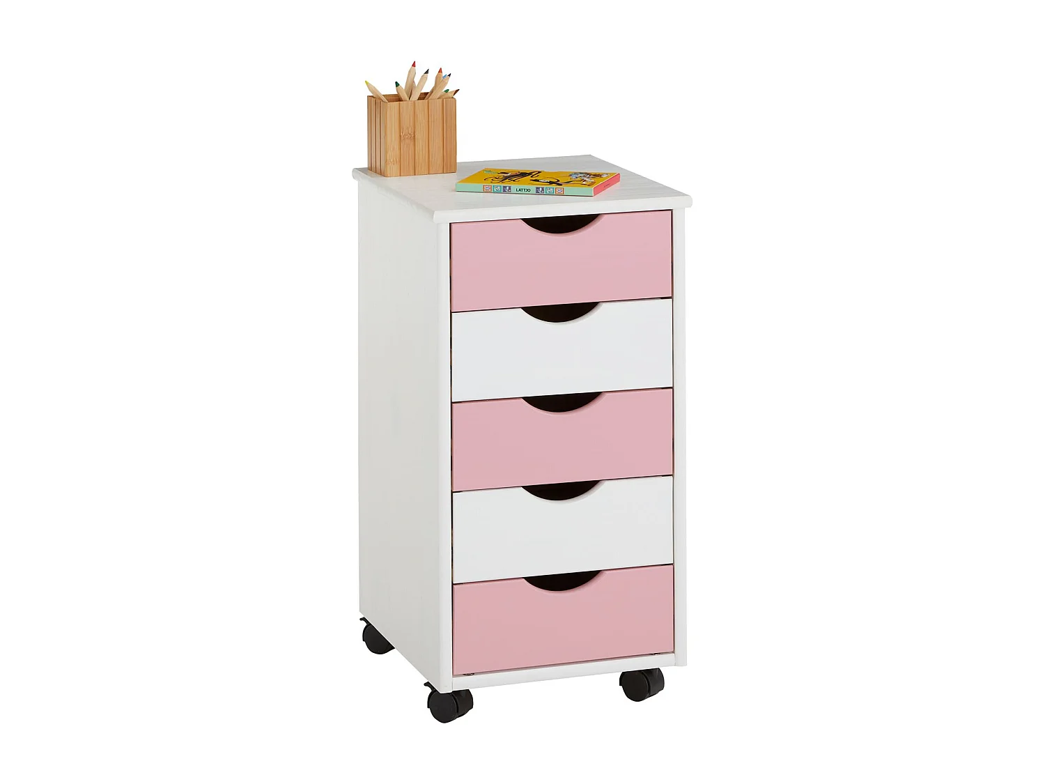 Caisson de bureau LAGOS meuble de rangement sur roulettes avec 5 tiroirs, en pin massif lasuré blanc et rose