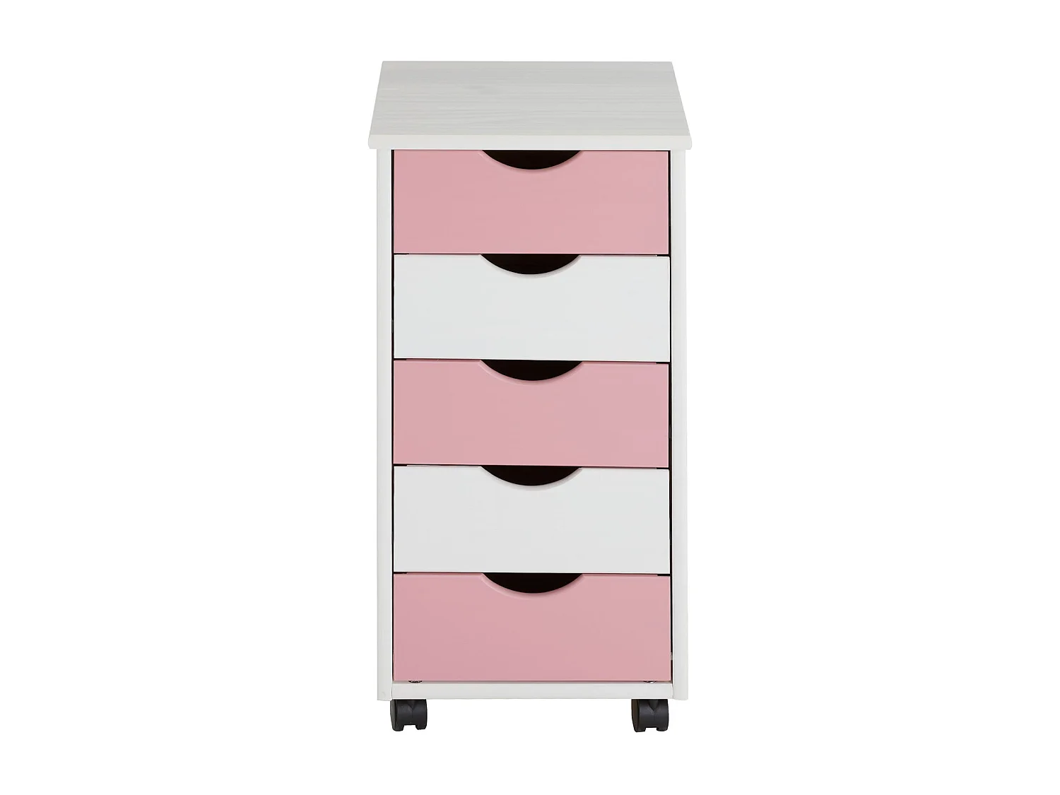 Caisson de bureau LAGOS meuble de rangement sur roulettes avec 5 tiroirs, en pin massif lasuré blanc et rose