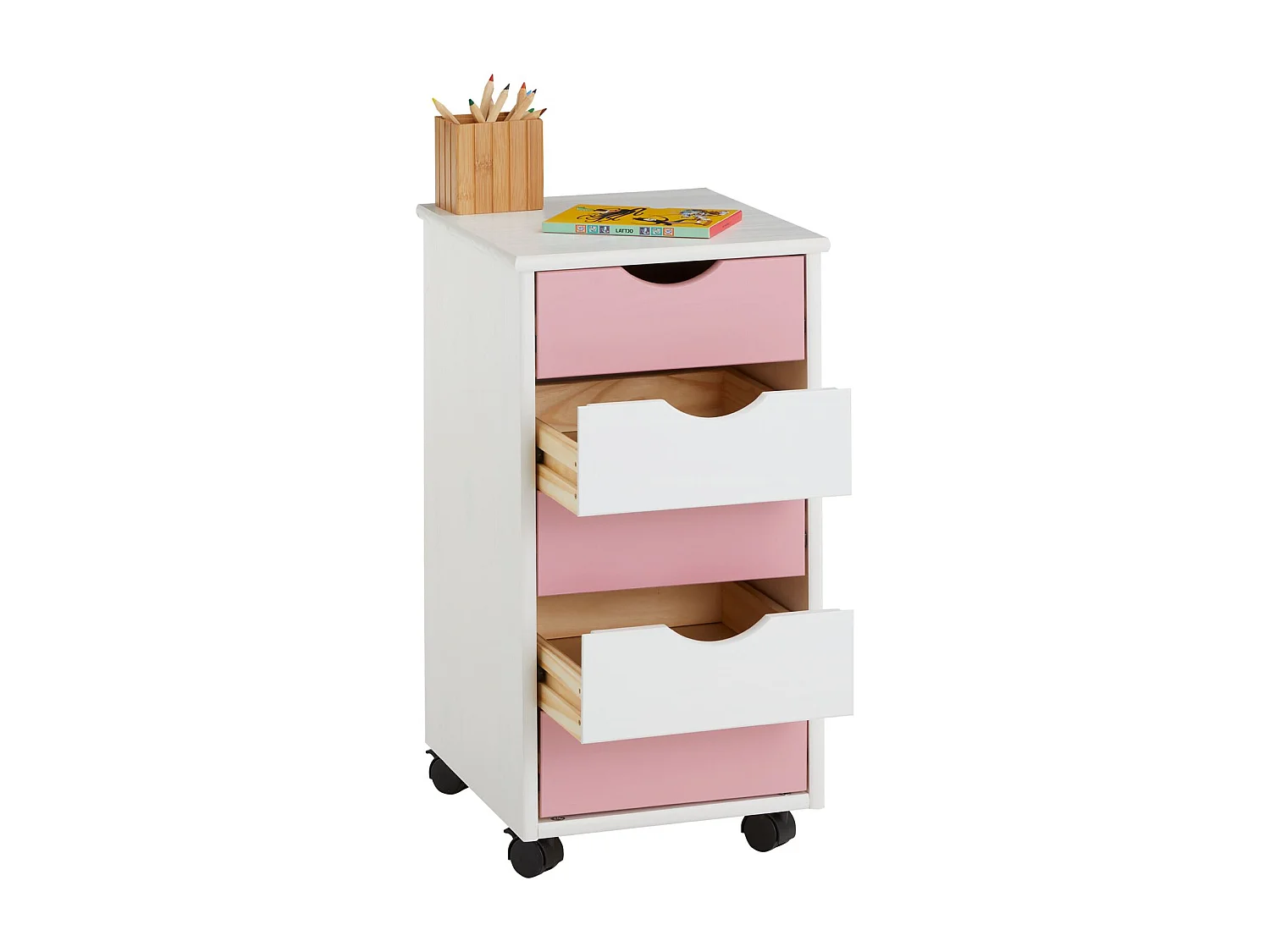 Caisson de bureau LAGOS meuble de rangement sur roulettes avec 5 tiroirs, en pin massif lasuré blanc et rose