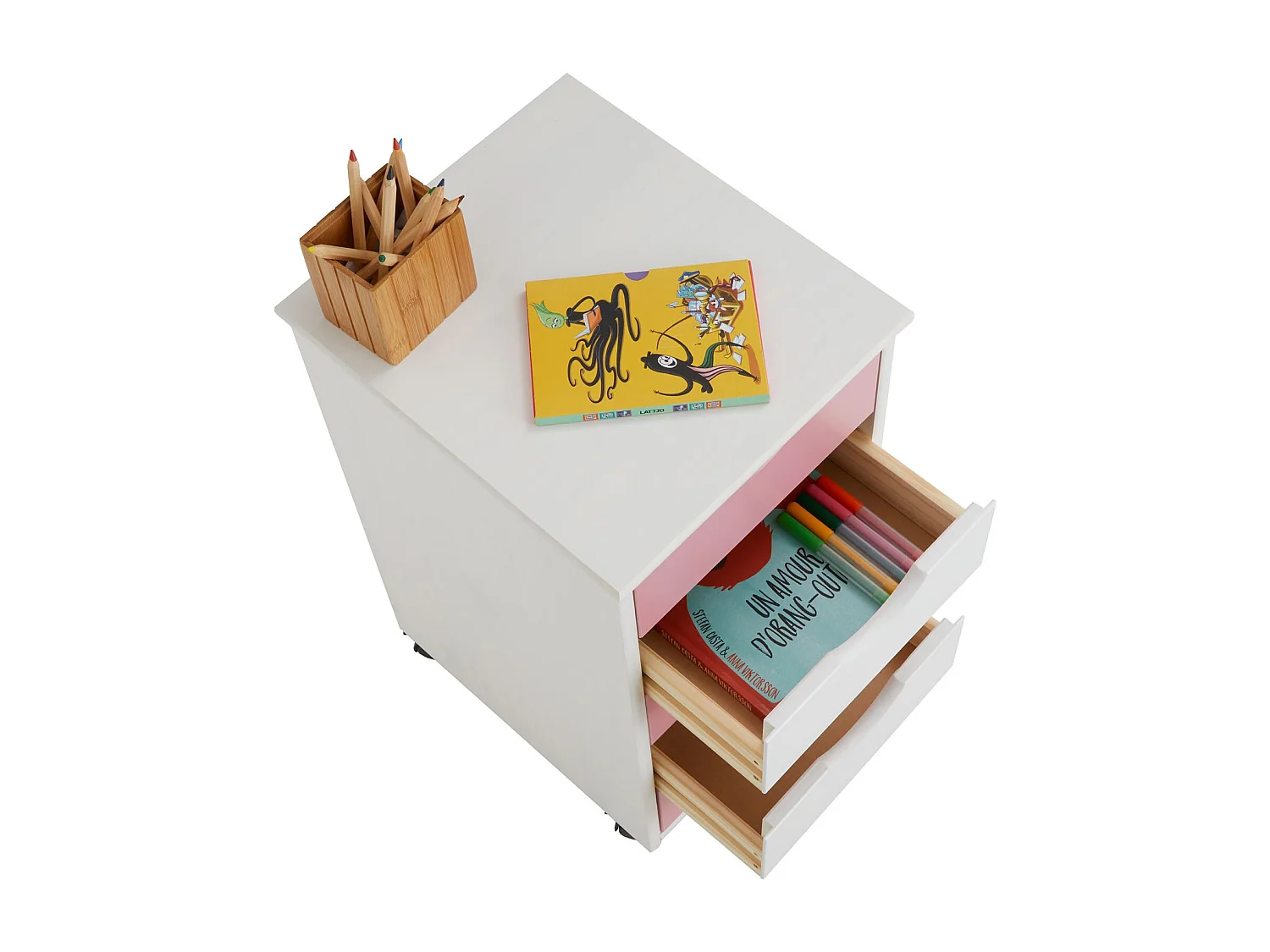 Caisson de bureau LAGOS meuble de rangement sur roulettes avec 5 tiroirs, en pin massif lasuré blanc et rose