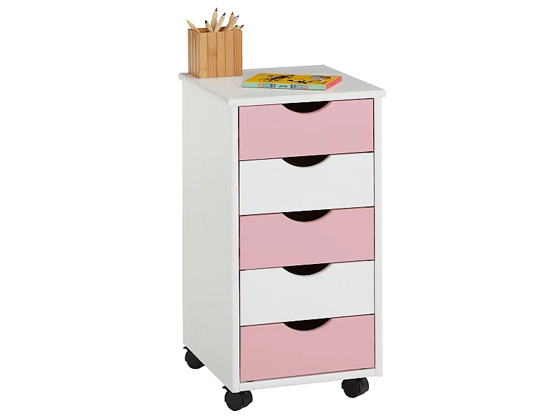 Caisson de bureau LAGOS meuble de rangement sur roulettes avec 5 tiroirs, en pin massif lasuré blanc et rose