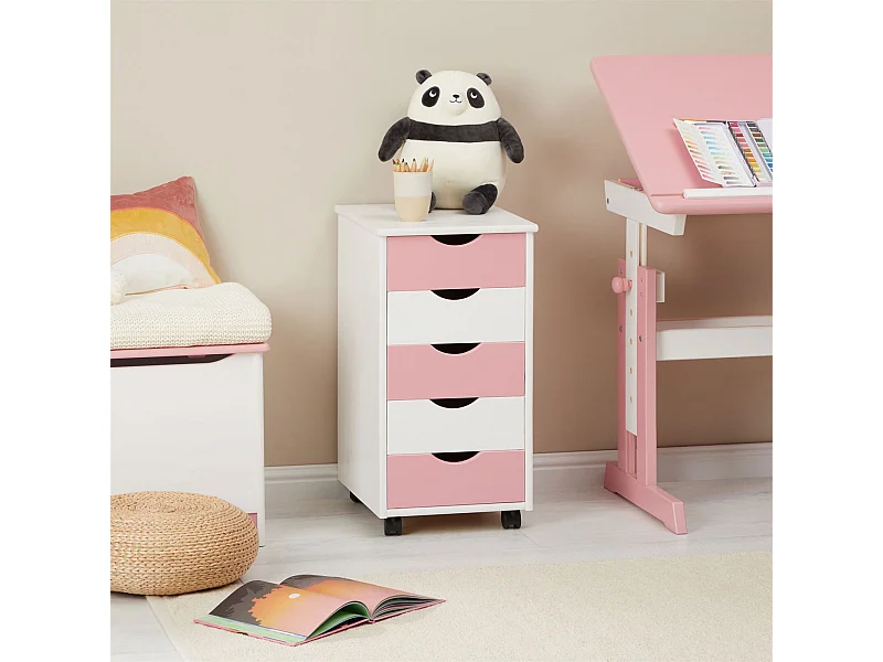 Caisson de bureau LAGOS meuble de rangement sur roulettes avec 5 tiroirs, en pin massif lasuré blanc et rose