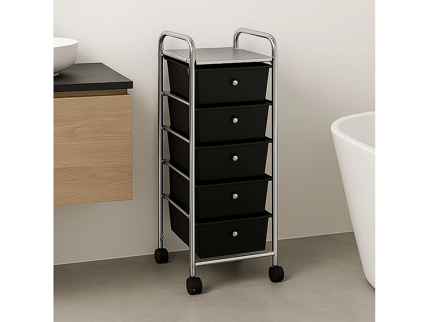Caisson sur roulettes GINA chariot avec 5 tiroirs en plastique noir et 1 étagère, rangement salle de bain en métal chromé