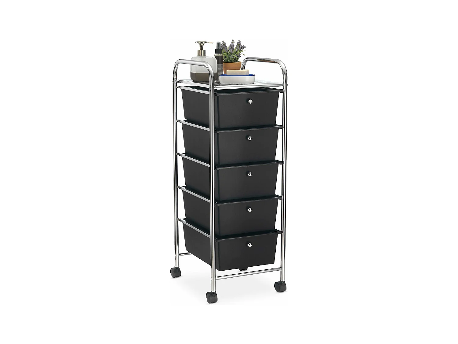 Caisson sur roulettes GINA chariot avec 5 tiroirs en plastique noir et 1 étagère, rangement salle de bain en métal chromé