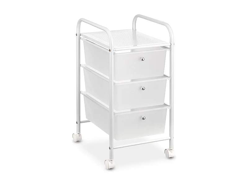 Caisson sur roulettes GINA chariot avec 3 tiroirs en plastique blanc transparent et 1 étagère, rangement salle de bain métal blanc