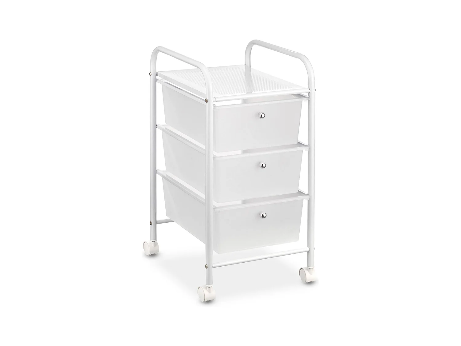 Caisson sur roulettes GINA chariot avec 3 tiroirs en plastique blanc transparent et 1 étagère, rangement salle de bain métal blanc
