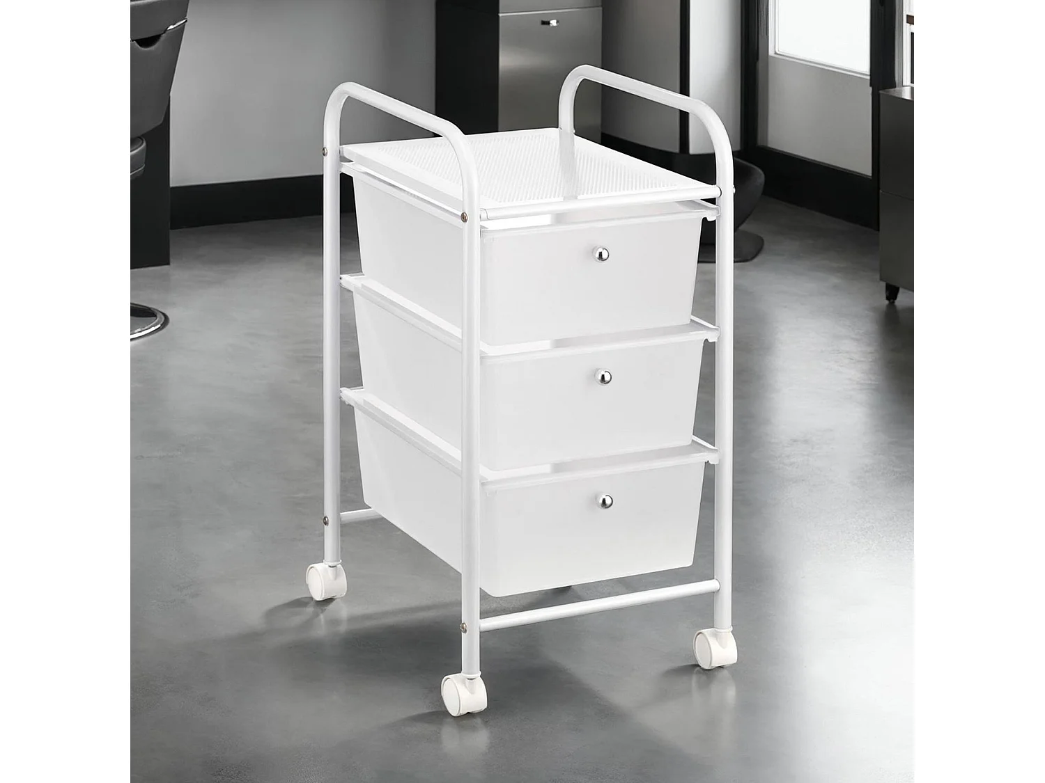 Caisson sur roulettes GINA chariot avec 3 tiroirs en plastique blanc transparent et 1 étagère, rangement salle de bain métal blanc