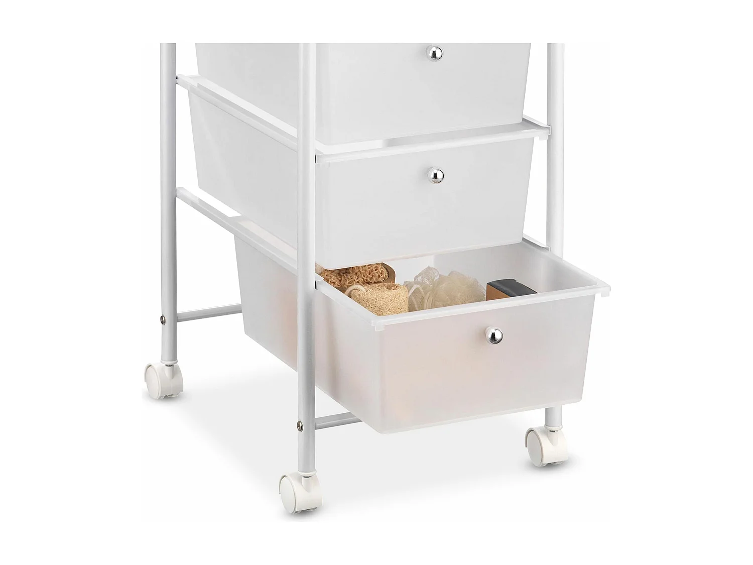 Caisson sur roulettes GINA chariot avec 3 tiroirs en plastique blanc transparent et 1 étagère, rangement salle de bain métal blanc