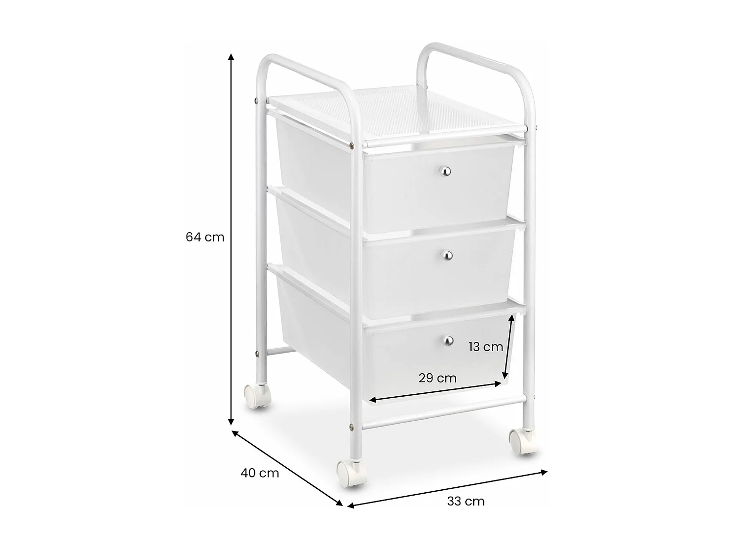 Caisson sur roulettes GINA chariot avec 3 tiroirs en plastique blanc transparent et 1 étagère, rangement salle de bain métal blanc