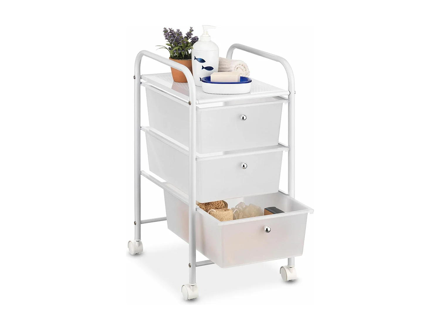 Caisson sur roulettes GINA chariot avec 3 tiroirs en plastique blanc transparent et 1 étagère, rangement salle de bain métal blanc
