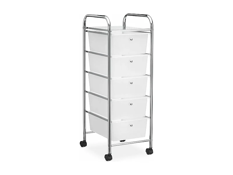 Caisson sur roulettes GINA chariot avec 5 tiroirs en plastique blanc transparent et 1 étagère, rangement salle de bain