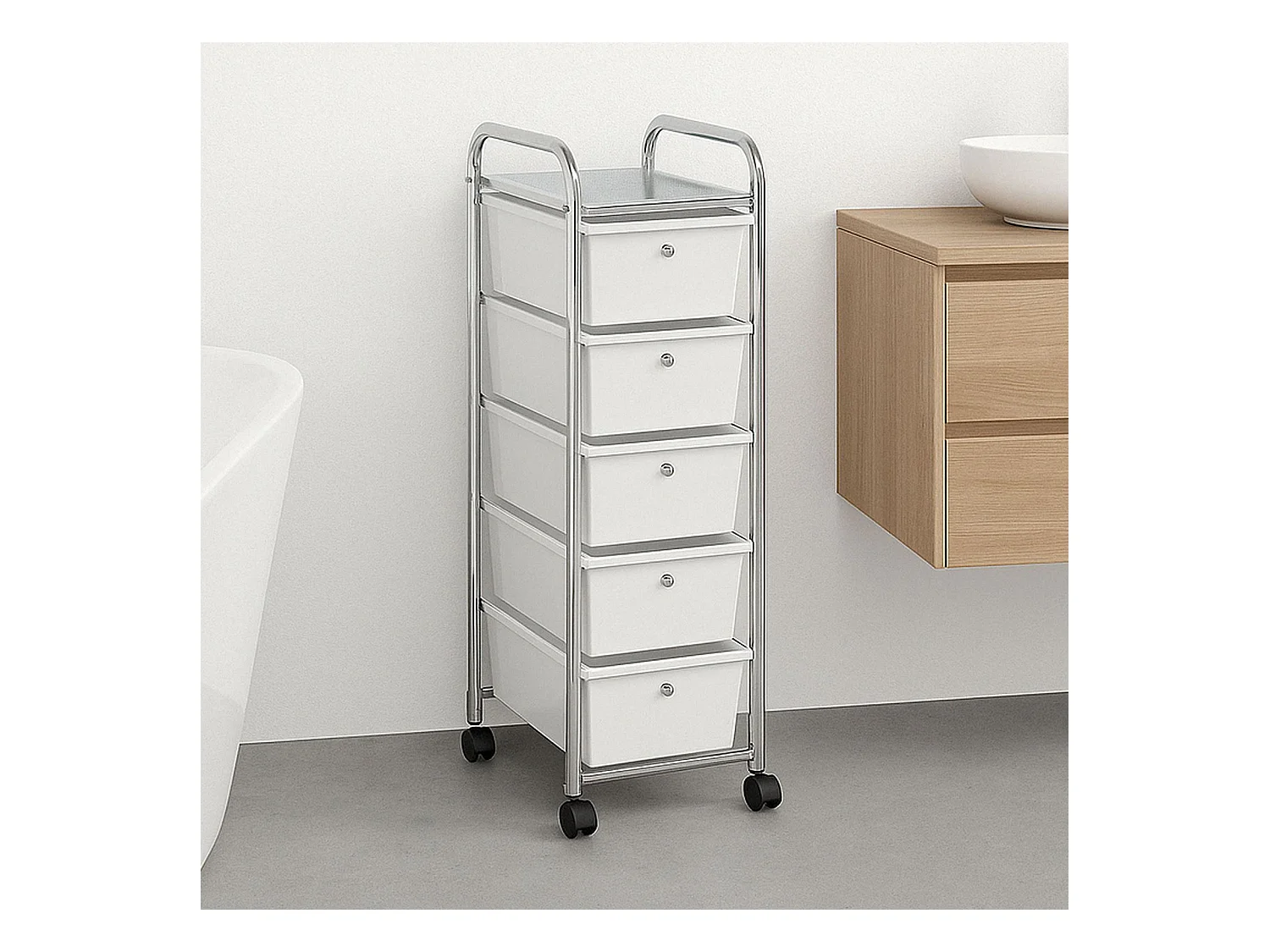 Caisson sur roulettes GINA chariot avec 5 tiroirs en plastique blanc transparent et 1 étagère, rangement salle de bain